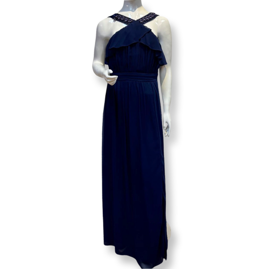 Little Mistress Navy Maxi Evening Dress With Ruffle and Embellished - Size -10 - New Tags