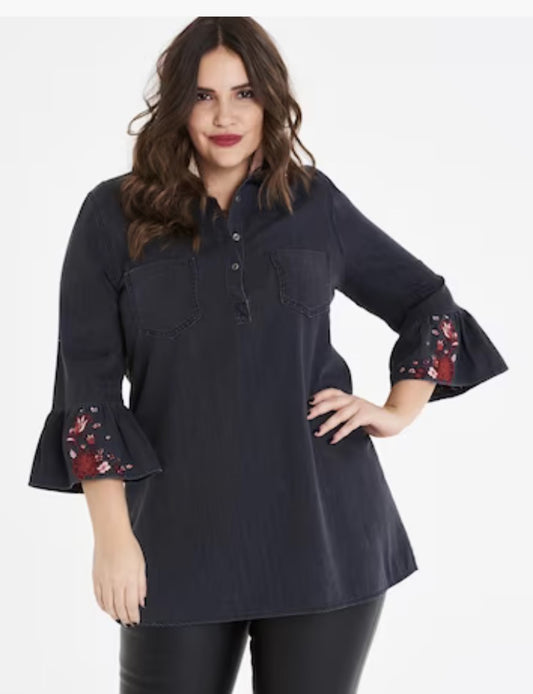 Simply Be Soft Denim Embroidered Sleeve Tunic Washed Black - Size 10 - New