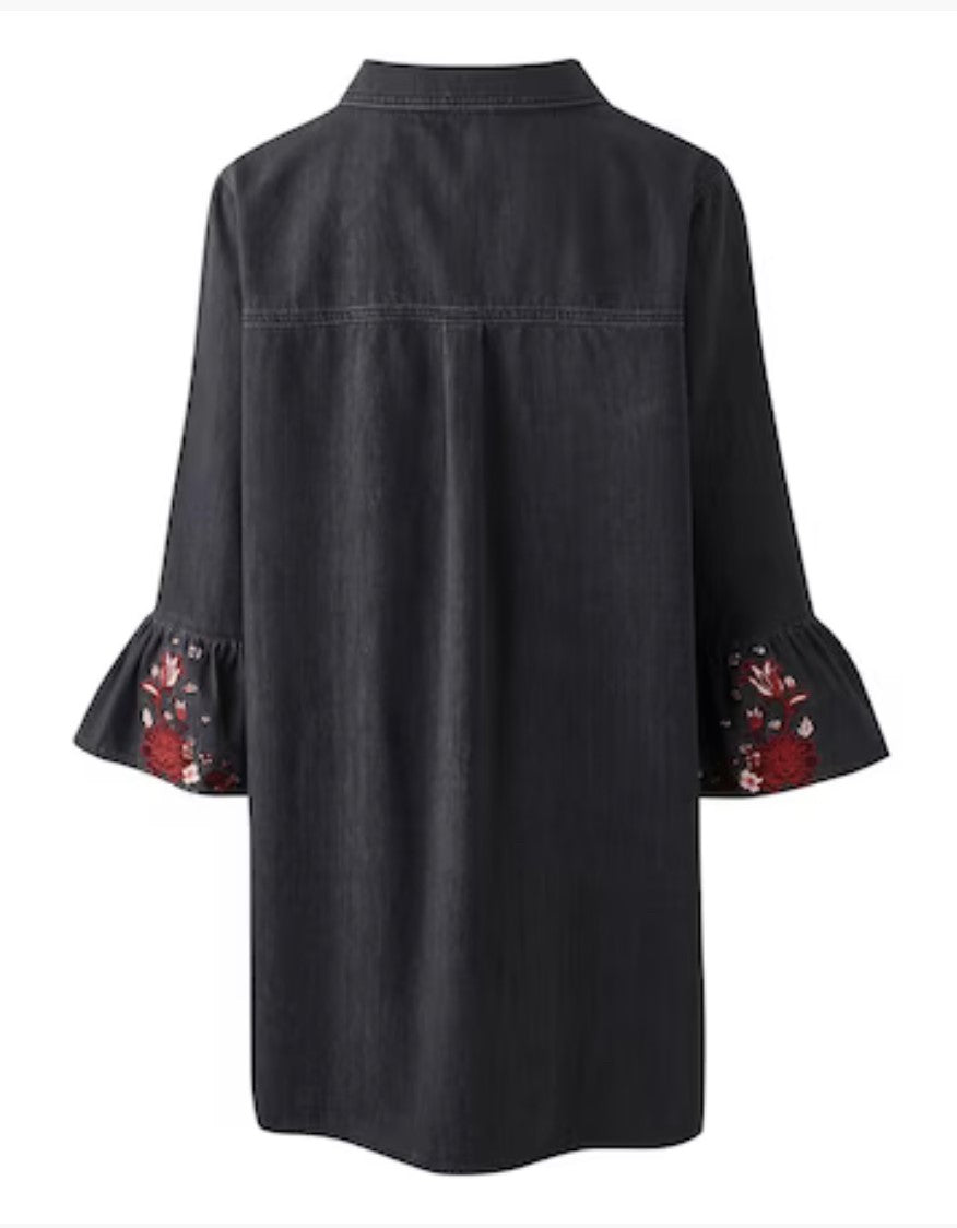 Simply Be Soft Denim Embroidered Sleeve Tunic Washed Black - Size 10 - New