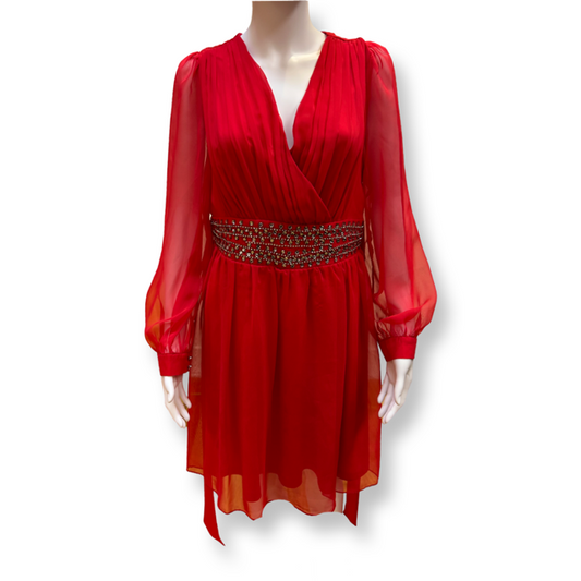 So Fabulous embellished red dress with sheer sleeves - Size 16 - Preloved