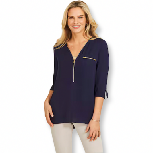 Sosandar Navy Blue Gold Zip Detail Longline Top - Size - 20